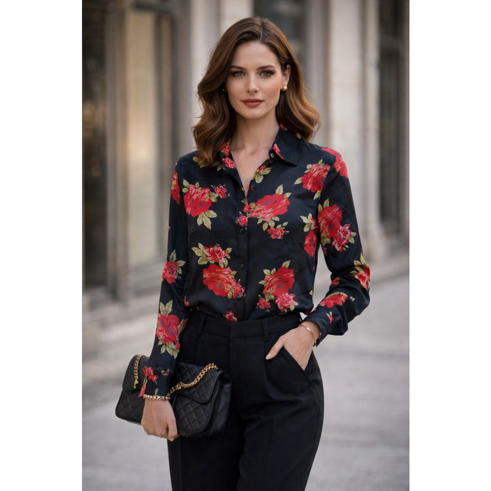 Anna And Frank Black Floral Button-Up Blouse with Red Roses